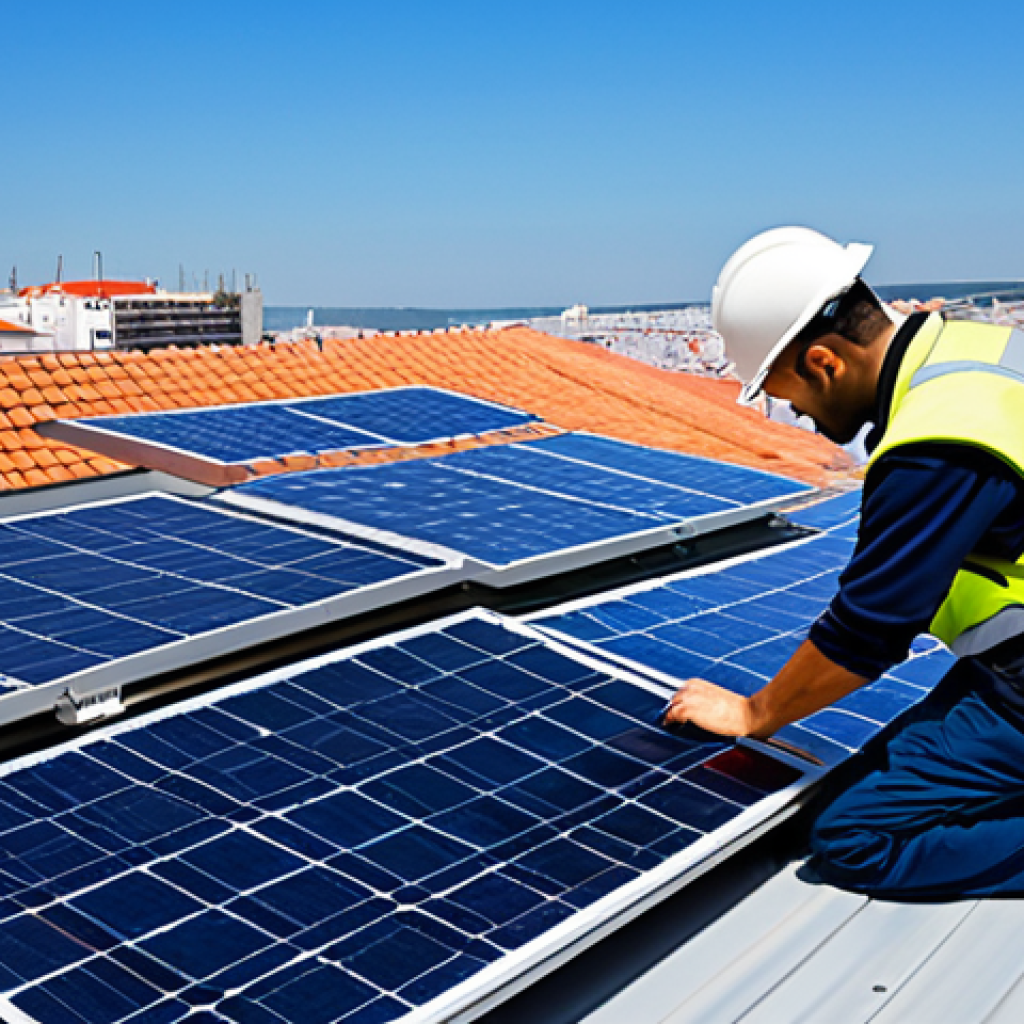 녹색산업 자격증 시험 합격 전략 - **A qualified technician in appropriate workwear, installing solar panels on a rooftop in Lisbon, Po...