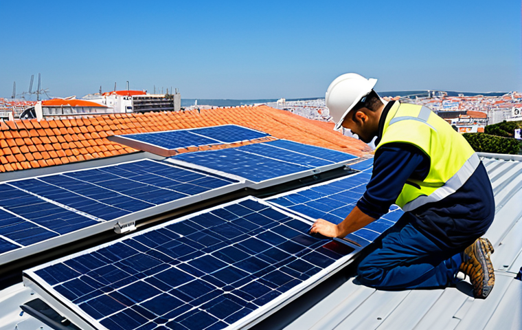 녹색산업 자격증 시험 합격 전략 - **A qualified technician in appropriate workwear, installing solar panels on a rooftop in Lisbon, Po...