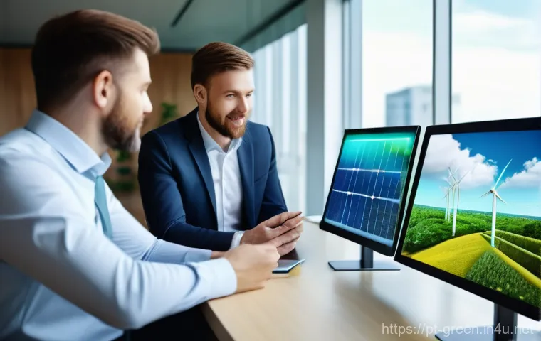 녹색산업 관련 자격증 - Image Prompt 1: Green Professionals Collaborating on Renewable Energy**