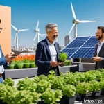 Home 20 녹색산업에서의 이직 전략 - A vibrant urban rooftop garden featuring diverse professionals collaborating on sustainable projects...