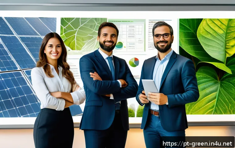 녹색산업 전문가 연봉 전망 - A modern Brazilian corporate office environment showcasing diverse professionals collaborating on su...