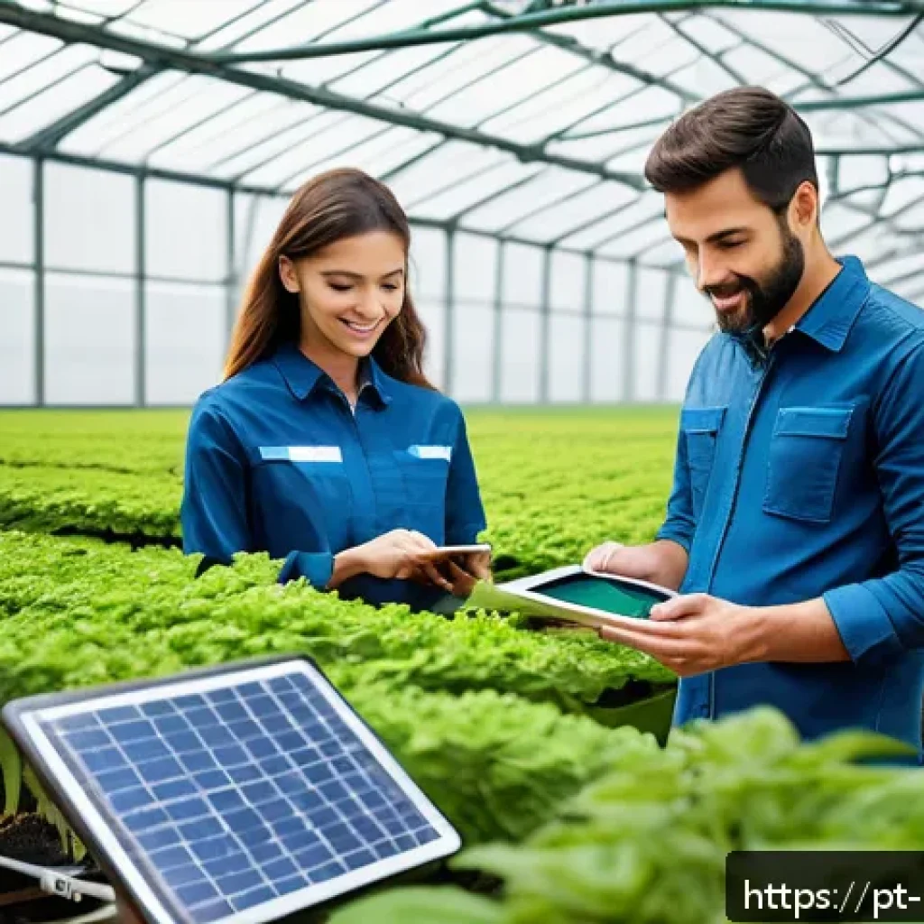 녹색산업 전문가의 업무 수행 노하우 - A modern industrial greenhouse equipped with advanced AI-driven environmental sensors visibly monito...