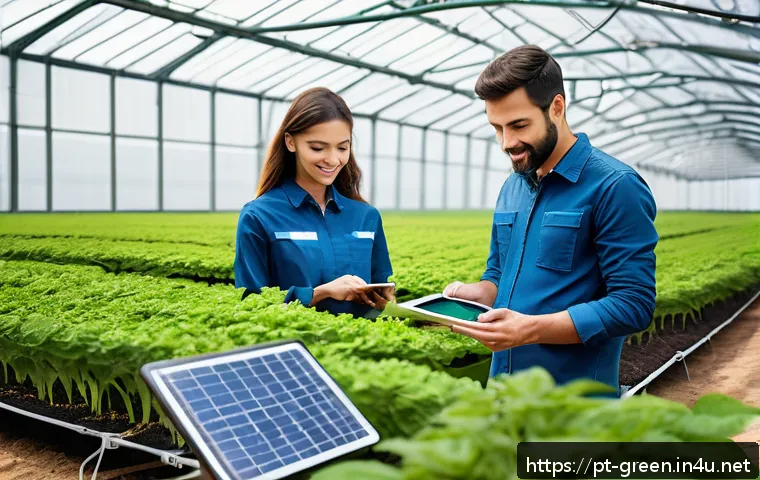 녹색산업 전문가의 업무 수행 노하우 - A modern industrial greenhouse equipped with advanced AI-driven environmental sensors visibly monito...