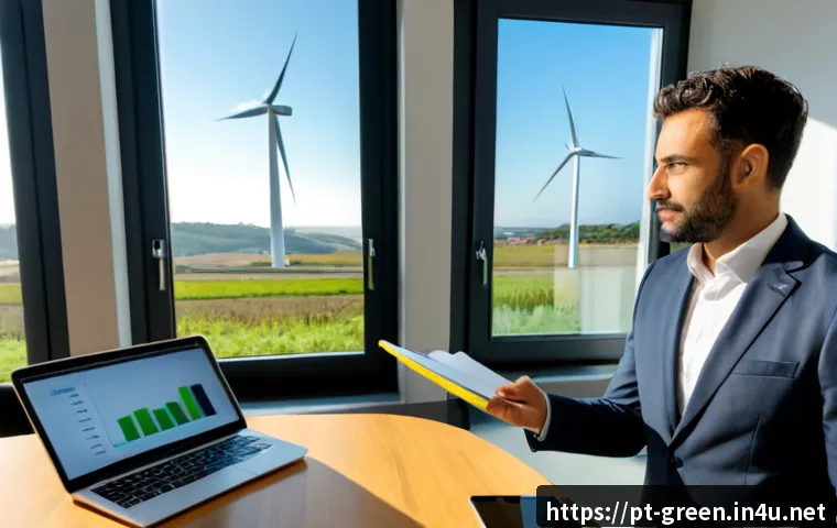 녹색산업 전문가 연봉 인상 노하우 - Photorealistic green industry salary negotiation in a modern Lisbon office, confident renewable ener...